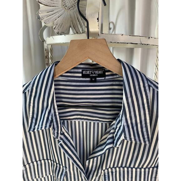 Velvet Heart Shirt Button Down Blue and White Stripe Roll Tab Sleeves Tencel Lg - Picture 6 of 10
